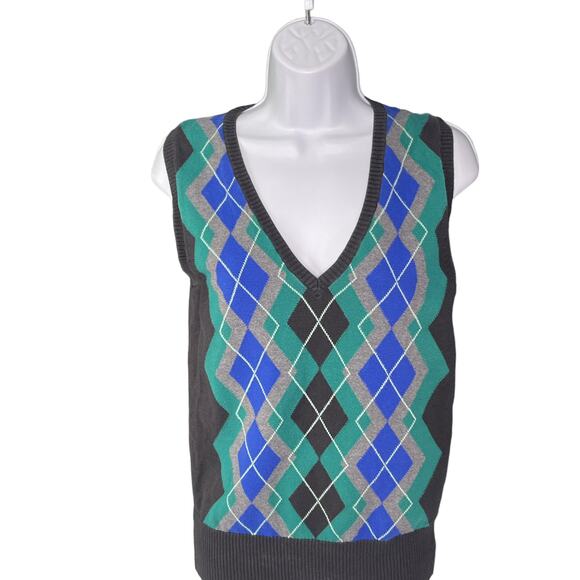 The Limited Argyle 90s Sweater Vest Black Green Blue Medium - Picture 4 of 7